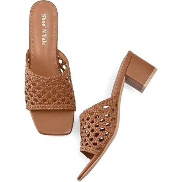 Shoe'N Tale Size 7.5 Sandals Heeled Square Open Toe Woven Mules Slip-On Slides - Picture 12 of 12